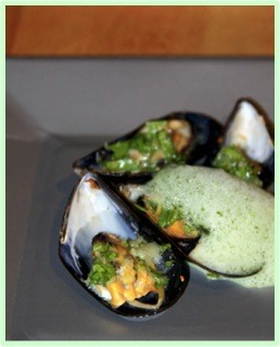 Broiled Mussels with Chive Foam